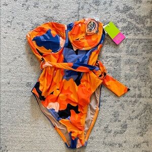 NWT Tabitha Brown Orange & Blue Camo One-Piece Swimsuit with Tie Belt